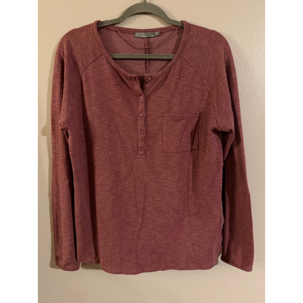 Prana Womens Mauve Mixed Media Henley Long Sleeve Top Size M Heathered Pink